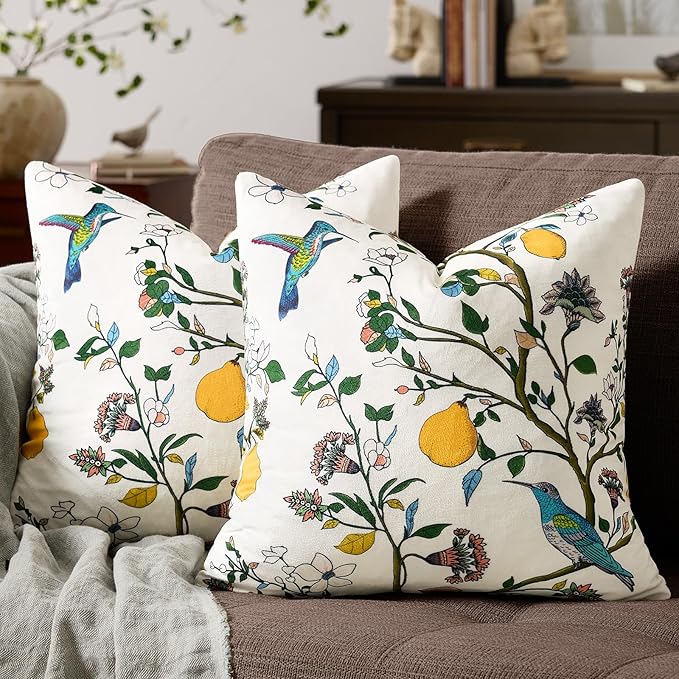 MUSSEL Ivory White Floral Vintage Decorative Pillow Covers 18x18 Set of 2 | Soft Velvet,Wild Flower Plant,Throw Pillows Case,Square,Colorful Farmhouse Cushion Covers,Home Sofa Bed Couch Decor