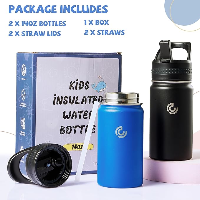 2 Pack Kids Water Bottle,14oz Stainless Steel Insulated Water Tumbler Leak-Proof,School Water Mug,Small and Portable,Suitable for Boys and Girls to Use(Black + Blue)