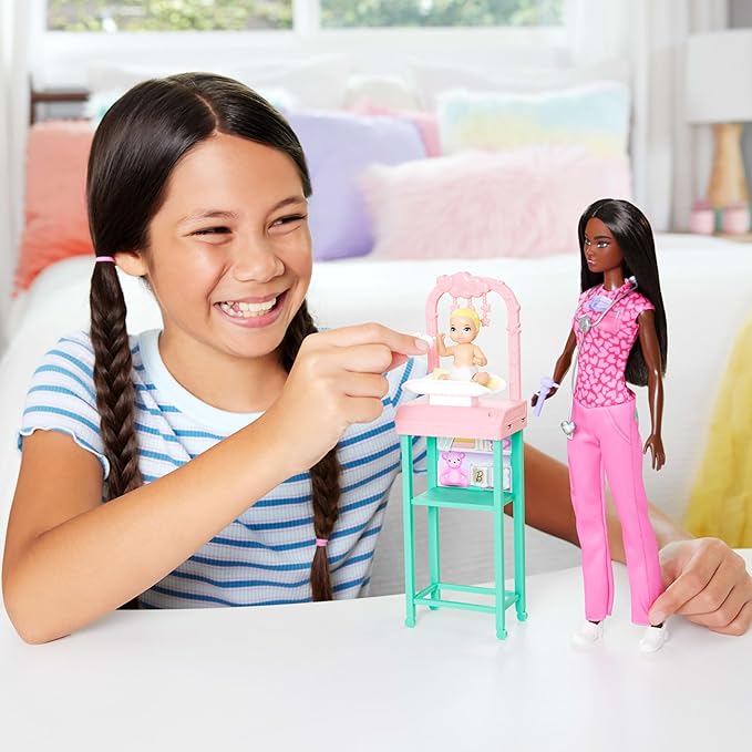 Barbie Baby Doctor with Brunette Fashion Doll Wearing Pink Scrubs, 1 Baby Doll with Accessories & Furniture