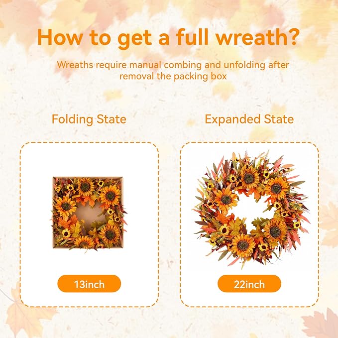 22" Fall Wreath Front Door Sunflower Artificial Wall Decor Farmhouse Autumn Wreath Thanksgiving Home Porch Outdoor Indoor Holiday Harvest Decor