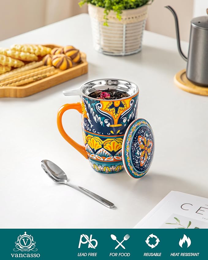 vancasso Ceramic Tea Cup with Infuser and Lid, 18 Ounce Tea Infuser Mug for Loose Leaf Tea, Microwave & Dishwasher Safe, Bohemian Mandala, Gift for Tea Lovers, Amber Iris Bloom