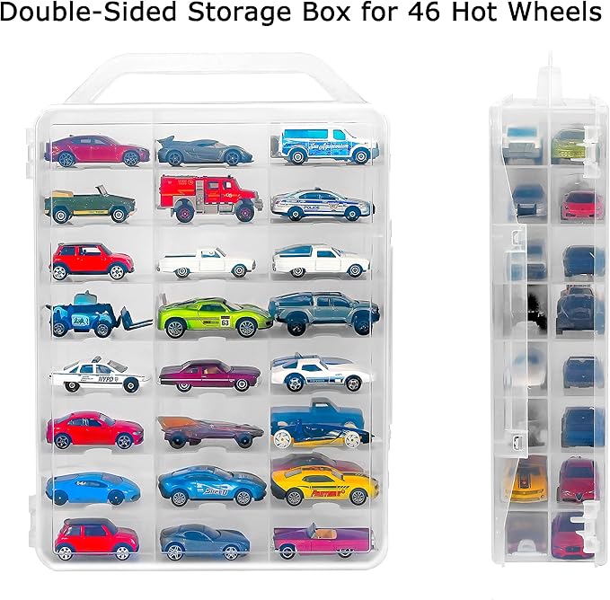 Double Sided Storage Case for 48 Toy Cars, Matchbox Cars, Portable Transparent Storage Case with 48 Compartments, Case Only (Transparent)…