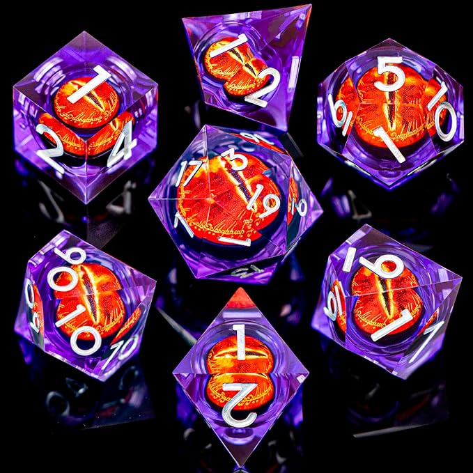 ARUOHHA DND Resin Dice Gazes Eye Dice Silver Purple Liquid Core Flaming RPG Sharp Edged Dice Set with Gift Box, Polyhedral D and D Dice Set Compatible with Dungeons Dragons Role Playing Game D20 D6