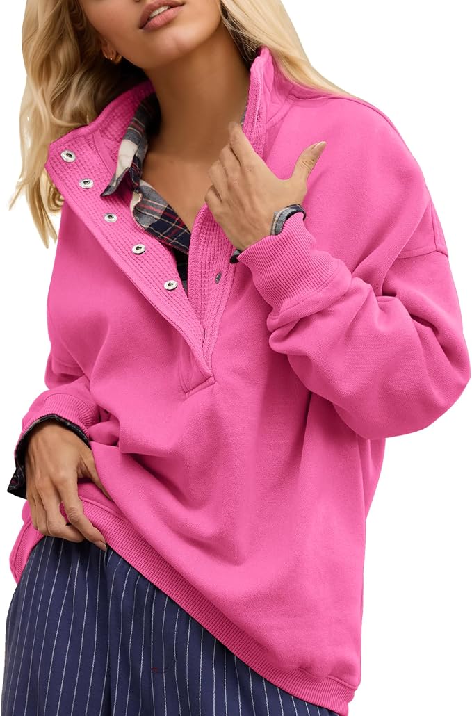 Gacaky Sweatshirt for Women Oversized Casual Long Sleeve Button Henley Neck Pullover Tops Fashion Outfits Clothes