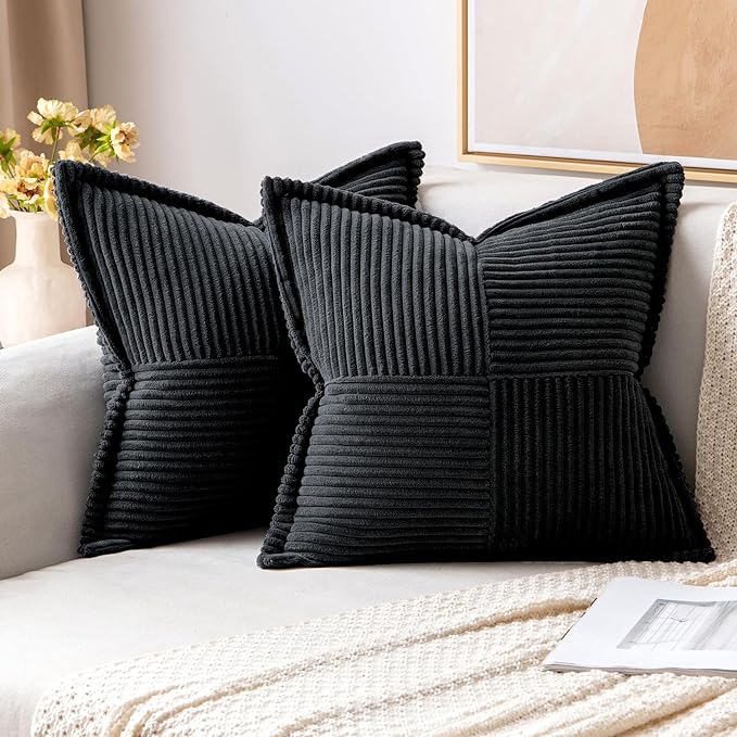 MIULEE Decorative Throw Pillow Covers for Couch 16x16 Inch Black 2 Pack | Boho Broadside Striped Patchwork Pillow Covers, Soft Corduroy Cushion Cases, For Sofa Bed Livingroom Home Decor