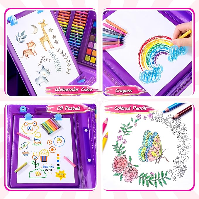 Art Supplies, Art Kits Arts and Crafts for Kids Age 4-6 6-8 8-12 with Trifold Easel,Includes Sketch Pads,Oil Pastels,Crayons,Colored Pencils,Drawing Set for 3-12 Year Olds Girls Boys (Mermaids-Purple)