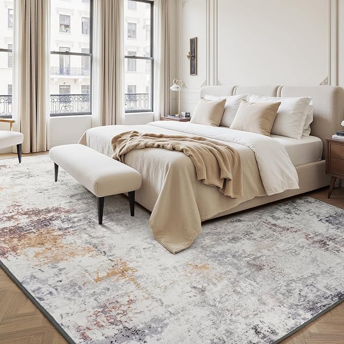 Rugflix 8x10 Area Rugs for Living Room, Washable Beige Grey Large Rug | Machine Washable; Stain-Resistant; Low Pile; Non-Slip; Modern Abstract; Carpet for Bedroom Dining Office Nursery Home