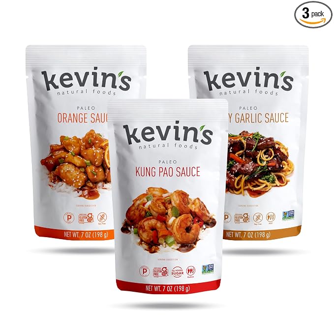 Kevin's Natural Foods Simmer Sauce, Orange/Kung Pao/Honey Garlic | Paleo Variety Pack, Stir-Fry Sauce, Gluten Free, No Preservatives, Non-GMO