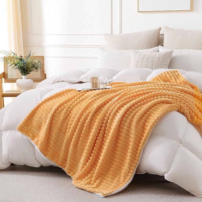 Warm Yellow Sherpa Fleece Throw Blanket 60”×80”for Couch Sofa Bed | Double Side Soft Fuzzy Cozy Plush Thick Flannel Blanket with Striped Design Gift for Adults,Woman