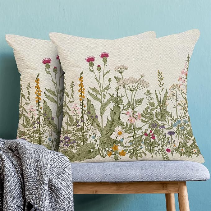 AEIOAE Sage Green Pillow Covers 20x20 Inch Set of 2, Spring Wildflower Plant Throw Pillows Case,Seasonal Floral Outdoor Decorative Flowers Farmhouse Decor Cushion Covers for Home Sofa Bed Couch