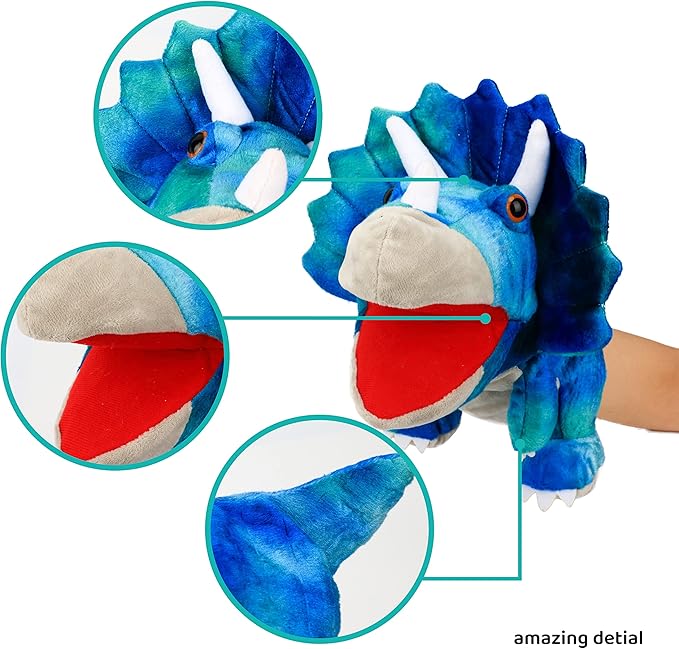 Cuteoy Plush Triceratops Hand Puppet Stuffed Animal Toy Open Movable Mouth Creative Role Play Storytelling Dinosaur Plushies Gifts for Kids Toddlers Birthday Christmas