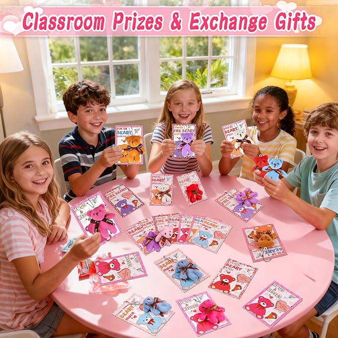 28 Pack Valentines Day Cards for Kids Classroom with Mini Bear Plush Toys Keychain Valentines Day Gifts for Kids School Valentines for Class Exchange Cards Valentines Party Favors Prizes Girls Boys