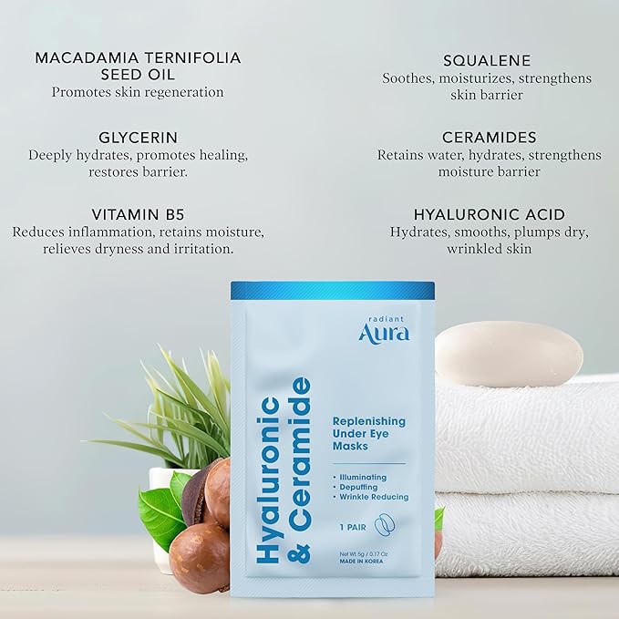 Hyaluronic Acid & Ceramide Under Eye Patches - Dermatologist Tested, Anti Aging, Korean Skin Care - Anti Wrinkle Pads For Puffy Eyes And Under Eye Bags - Vegan, Clean Beauty - 15 Pairs