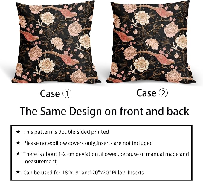 Pink White Roses Floral Pillow Covers 18X18 Inch Set of 2 Retro Flowers Birds Gold Leaf Decorative Pillow Cases Art Vintage Black Cotton Linen Cushion Case Home Decor For Sofa Couch Porch Outdoor
