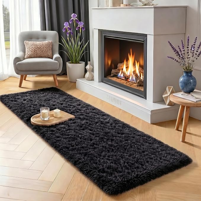 PAGISOFE Black Runner Rugs for Bedroom, Living Room 2x6 Small Plush Fluffy Boys Rug, Bedside Rug, Soft Rugs for Kids Room, Plush Shag Carpet, Accent Throw Rugs, Home Decor Aesthetic Nursery