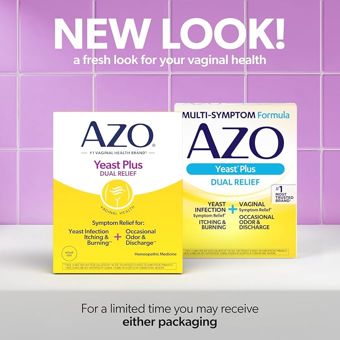 AZO Yeast Plus Dual Homeopathic Yeast Infection Symptom Relief for Women–Vaginal Itching & Burning + Odor & Discharge, Intimate Health Tablets, 2 Pack (60 Count x2), from the #1 Vaginal Health Brand!