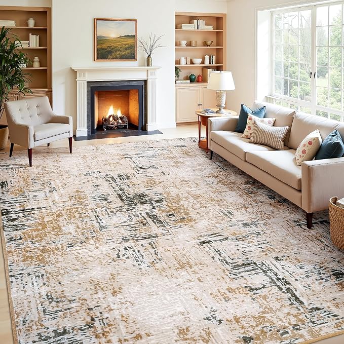 Rugflix 8x10 Area Rugs for Living Room, Washable Brown Grey Large Rug | Machine Washable; Stain-Resistant; Low Pile; Non-Slip; Modern Abstract; Carpet for Bedroom Dining Office Nursery Home
