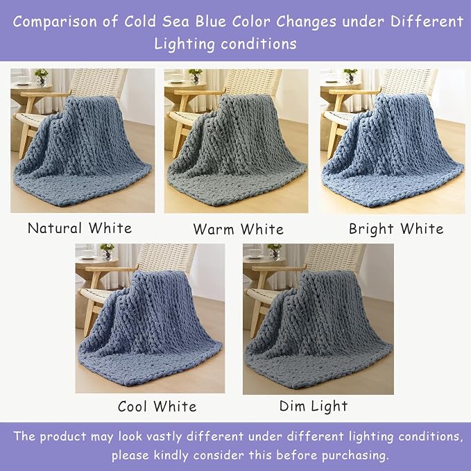 Bigacogo Chunky Knit Throw Blanket for Couch, 40x60 inches, Cold Sea Blue | Hand Knit with Jumbo Chenille, Soft Breathable Cable Knit for Sofa Bed Living Room, Machine Washable, Gift for Mom Friend