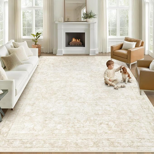 8x10 Area Rugs for Living Room: Washable Large Vintage Floral Rug Low Pile Non-Slip Boho Carpet for Bedroom Dining Home Office (Beige, 8'x10')