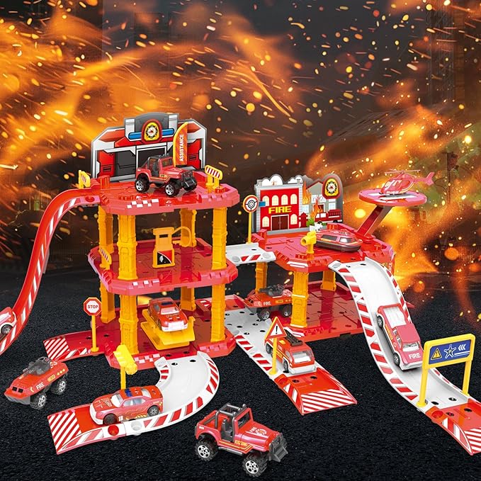 deAO Fire Station Toy Truck Car Race Tracks Vehicle Set Firefighting Playset Fire Station Pretend Play Toy with City Map Helicopter, Preschool Learning Educational Toys Birthday Gifts for Boys Girls