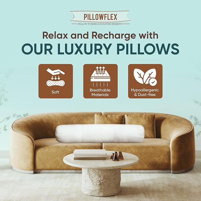 Pillowflex Bolster Pillow (9x22) - Round Roll Pillow Bolster Insert, Plush Polyester-Filled Insert for Decorative Shams, Odorless, Lint and Dust-Free Polyester Filling, No Lumps - (White)