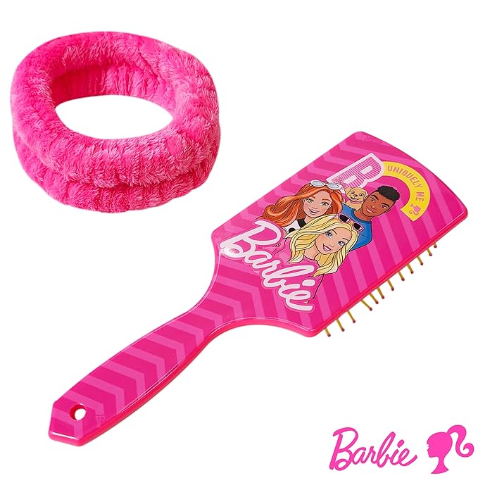 LUV HER Barbie Kids Hair Brush & Spa Headband Set for Girls - Fun Grooming Kit for Detangling, Styling & Skincare - Soft & Stretchy One Size, Ages 3+