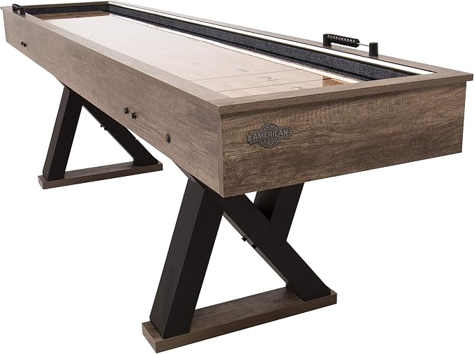 American Legend Kirkwood 9’ Shuffleboard Table with LED Rails, Bowling Game Set, Rustic Wood Finish & Accessories Included