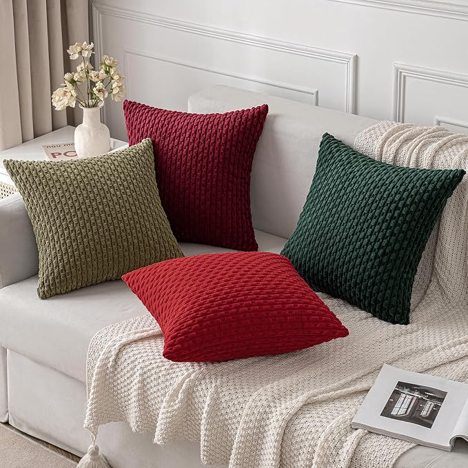 MIULEE Decorative Throw Pillow Covers 18x18 Red Textured Corduroy | Pack of 2 Striped Pillow Covers Modern Farmhouse Home Decor for Couch Bed Sofa Living Room