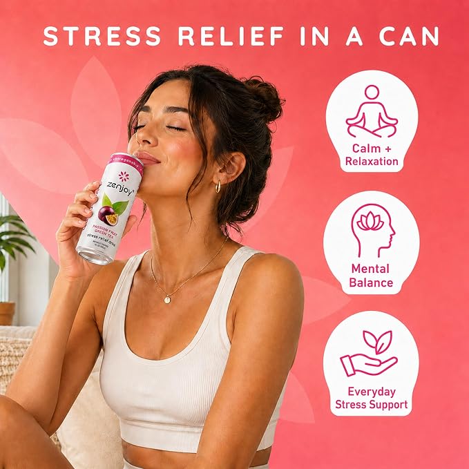 Zenjoy Adaptogen Drink Stress Relief Tea | Non Alcoholic Calming Drink w/Ashwagandha, Lemon Balm & L-Theanine for Focus | Stress Tea Calming Social Mocktail with Adaptogens (12 Pack, Passion Fruit)