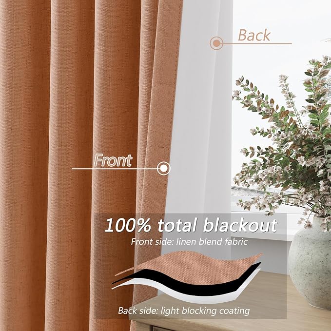 Guken 100% Blackout Curtains 96 Inch Length 2 Panels Set for Living Room Bedroom Back Tab Thermal Insulated Black Out Linen Drapes Room Darkening Rose,52x96