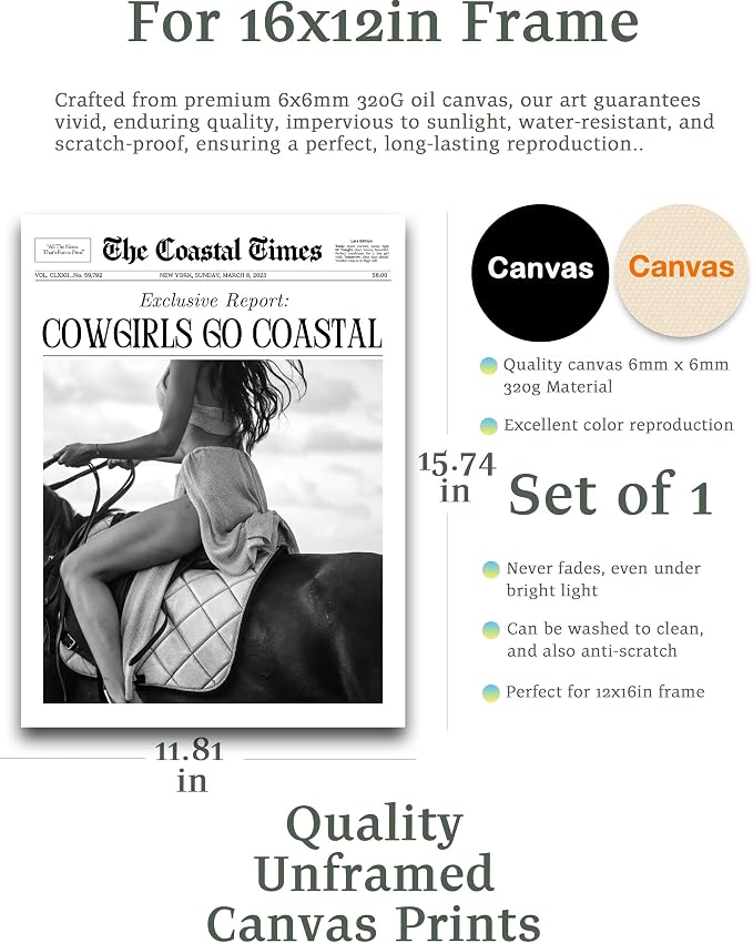 iHery 12x16in Cowgirls Go Coastal Unframed Newspaper Wall Art | Unframed Canvas Print, Western Horseback Poster Decor for Bedroom 1Pack
