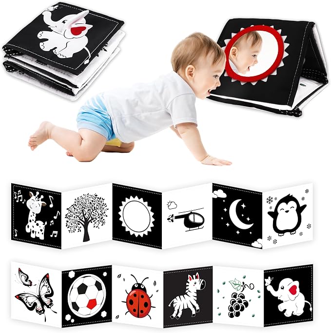 Black & White High Contrast Newborn Toys - Tummy Time & Brain Development - Soft Book, Montessori Sensory Toys (0-12 Months) Gift
