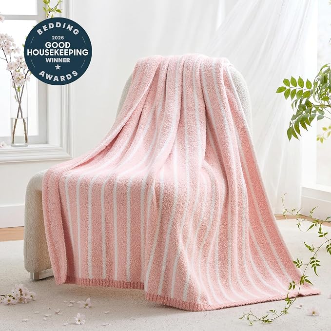 Snuggle Sac Ultra Soft Throw Blanket, Pink, 50"x60" | Reversible, Cozy Knitted Ribbed, Fuzzy Knit Striped, For Couch, Sofa, Bed, Home Decor