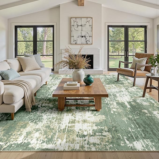RELEANY Washable 6'x9' Abstract Area Rug for Living Room Light Green | carpet for bedroom, kitchen, office, hallway and entryway, printed pattern, non-slip, soft, stain-resistant, easy to clean