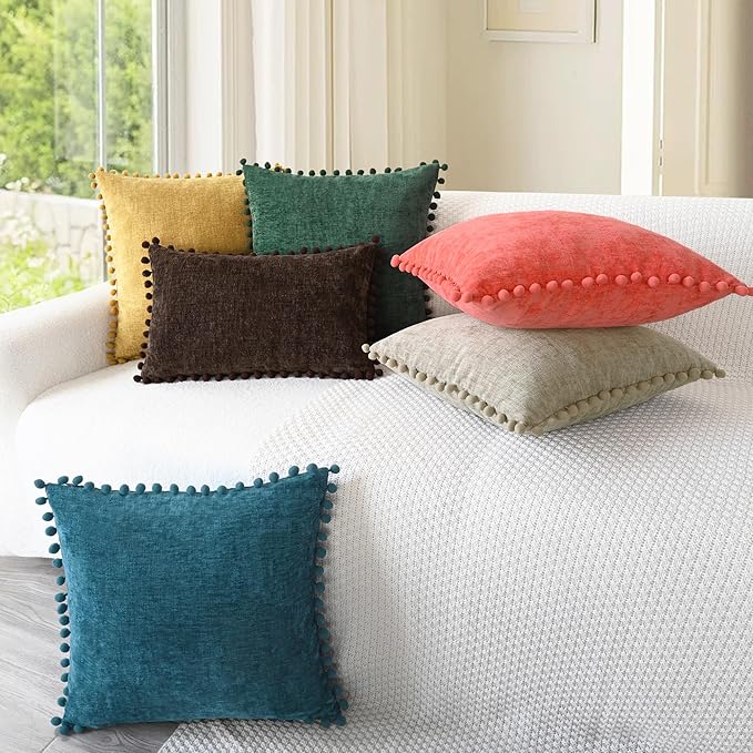 CaliTime Decorative Couch Throw Pillow Covers 20 X 20 Inches Taupe | Pack of 2, Cozy Chenille Cushion Cases, with Pom Poms for Sofa Bed Living Room Farmhouse Home