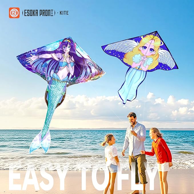 Kites for Adults & Kids Ages 4-8,Beach Kites Easy to Fly for Beginner, with Handle and 328ft Kite String，Best Toy and Gift for Boys & Girls. (Blue Haired Mermaid+Angel, 2)