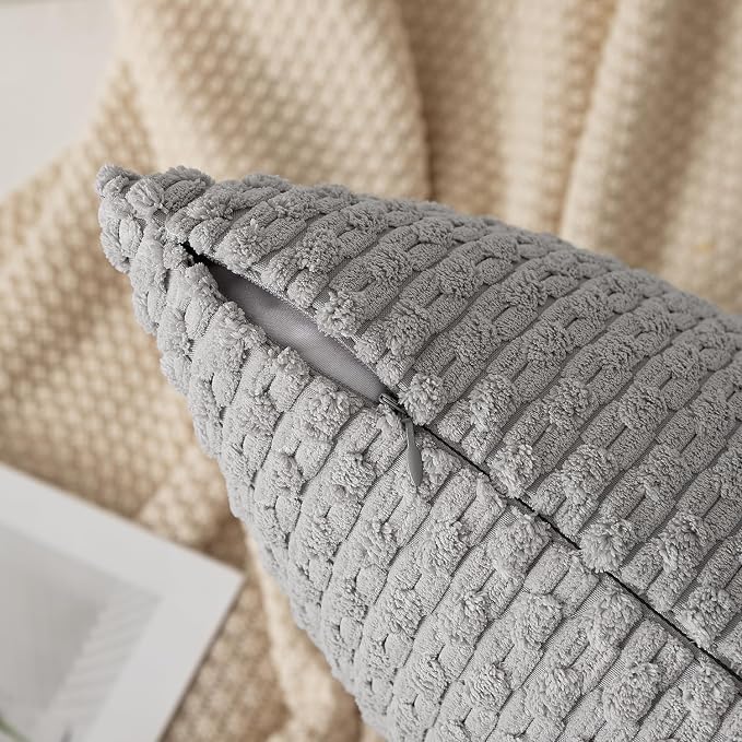 Kevin Textile Soft Corduroy 14"x20" Lumbar Pillow Cover 1 Pack, Light Grey | Boho Stripe Plush Corduroy Decorative Oblong Cushion Cover Modern Farmhouse Home Decor for Sofa Couch Bed Chair