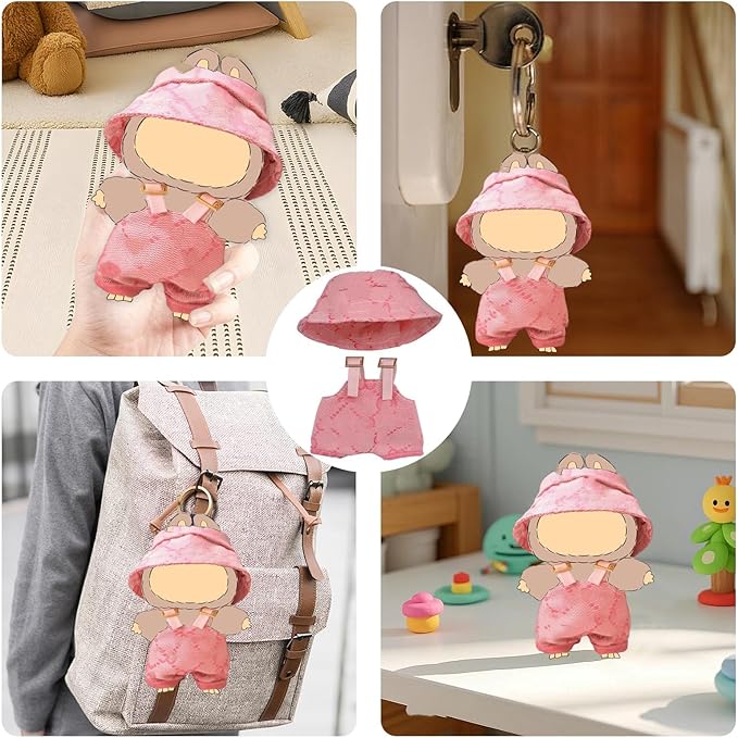 Clothes for la(NO Doll)-Hat & Overalls Set for labu Clothes 15cm/17cm Doll Accessories Suit for Dress Up, Play & Collector Display(Pink Overalls)