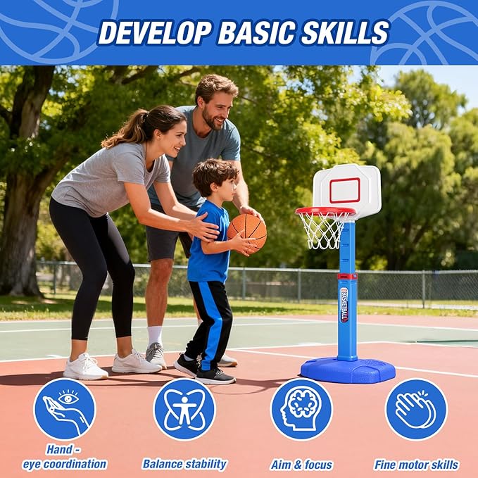 HYES Toddler Basketball Hoop, Adjustable Height Indoor Basketball Hoop for Kids 1-3, Foldable Mini Basketball Goal with 3 Balls, Outdoor Poolside Sport Toy, Birthday for Baby Boys Girls