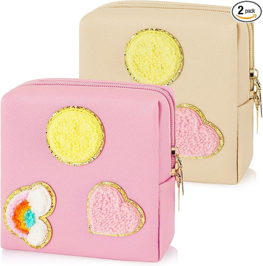 2 Pack Period Bag, PU Leather Sanitary Napkin Storage Bag for Feminine Pads Liners Tampons and Reusable Pads,Functional Sanitary Pads Pouches First Period Kit for Women Ladies Gift