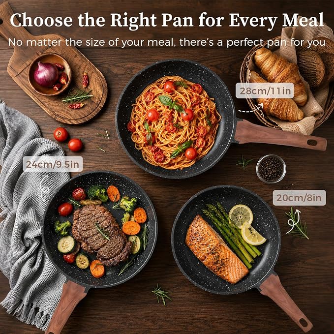YASHE 3Pcs Granite Nonstick Frying Pan Set(8/9.5/11 inch) Induction Ready | Non-Toxic Omelette Pans Cookware with Stay-Cool Handle PFOA/PFOS Free Skillet Pans Set Compatible with All Stovetops