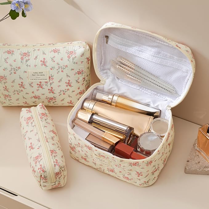 HBselect Quilted Makeup Bag, 3PCS Cotton Large Travel Makeup Bag, Cute Floral Coquette Make up Bag Cosmetic Bag Toiletry Bag for Women Girls