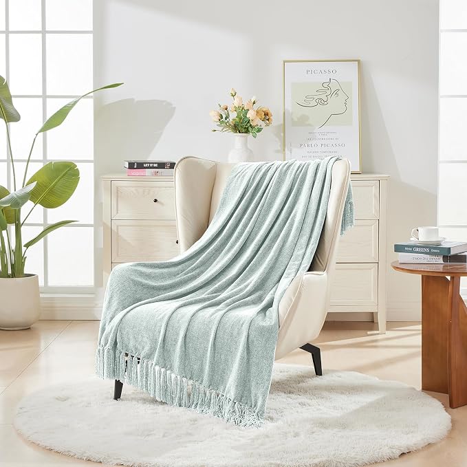 CozeCube Chenille Throw Blanket, Baby Blue Fringe Blanket, 50"X60" | For Couch, Cozy Plush Fuzzy Decorative Blanket with Fringe Tassels, Lightweight Throws for Bed Sofa Gift Home Decor