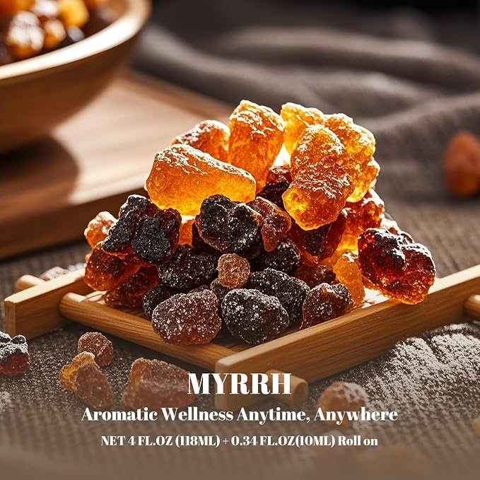Myrrh Essential Oil (4 fl.oz Bottle + 0.34 fl.oz Roll-On) — Myrrh Oils for Aromatherapy, Diffusers, Humidifiers, Home fragrances, DIY Skincare, Candle, Soap Making, Relaxation, Yoga