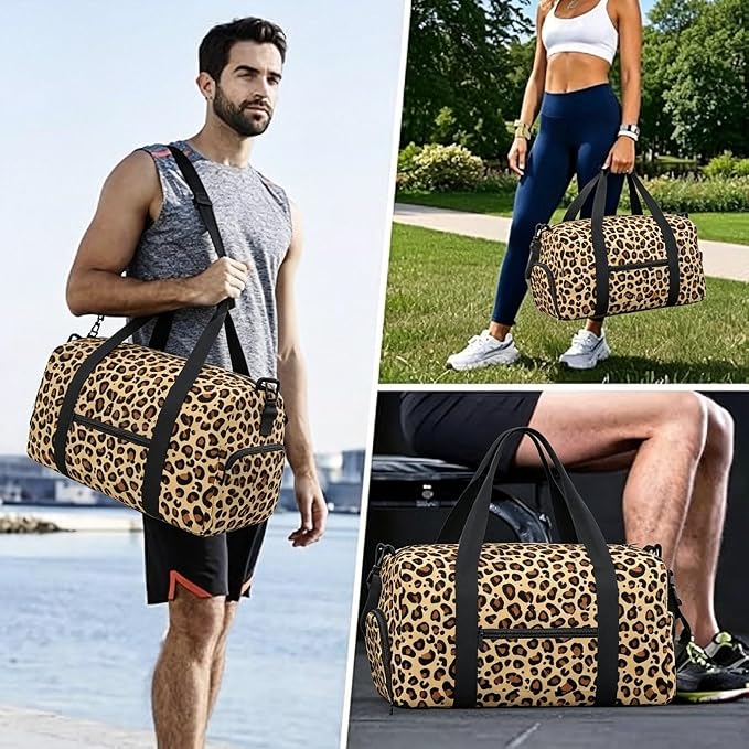 Fiokroo Sports Gym Bag Leopard Print Brown Travel Duffel Bag For Men Women With Shoe Compartment Water Resistant Gym Bag Carry On Duffel Bag For Weekend Traveling Yoga Gym Sports
