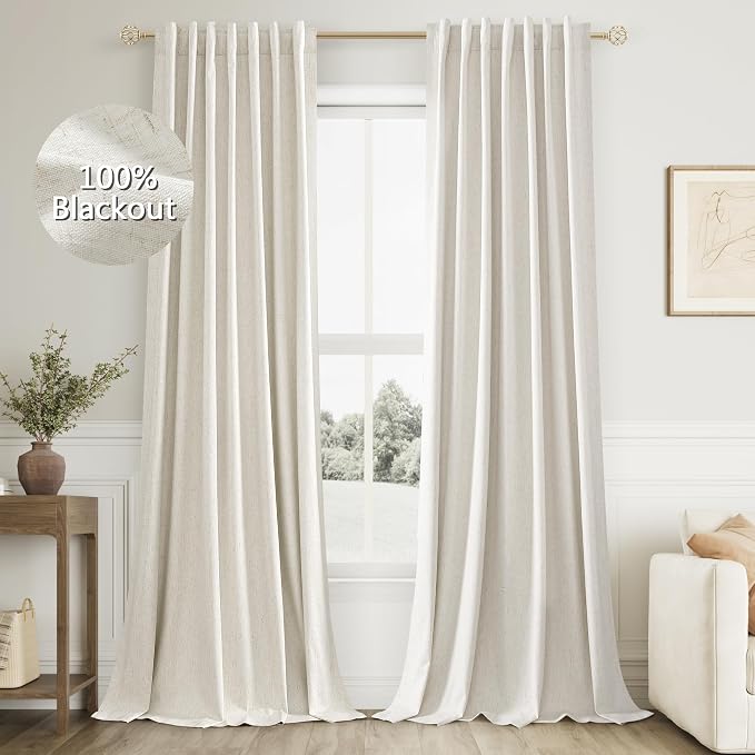 Cream 100% Blackout Linen Curtains 96 Inch Length Ceiling to Floor 2 Panels 8 FT for Living Room Bedroom Back Tab Thermal Insulated Black Out Drapes Room Darkening Window Curtain Ivory Natural Beige