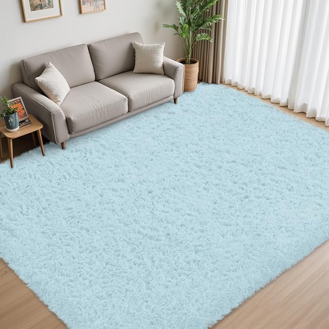8x10 Area Rug for Living Room:Ultra Soft Fluffy Shag Teal Blue Rugs,Large Fuzzy Plush Indoor Non Slip Carpet Washable Rug for Bedroom Kids Nursery Office Dorm Modern Decor(Light Blue 8'x10')