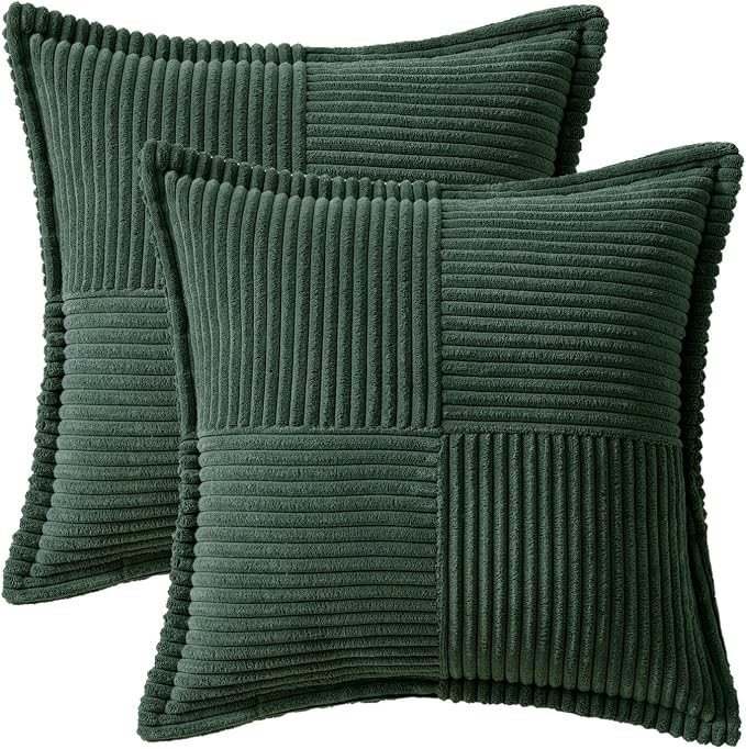 MIULEE Decorative Throw Pillow Covers for Couch 20x20 Inch Dark Green | 2 Pack, Boho Broadside Striped Patchwork Pillow Covers, Soft Corduroy Cushion Cases, For Sofa Bed Livingroom Home Decor