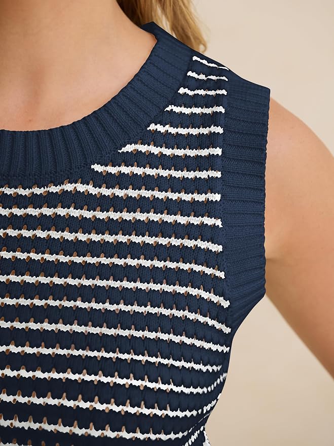 ANRABESS Womens Sleeveless Sweater Vest Striped Tank Tops | Crochet Knit Crew Neck, Lightweight Soft Comfy, Vacation Travel Work Casual Outfits, Sping Summer Layering Clothes