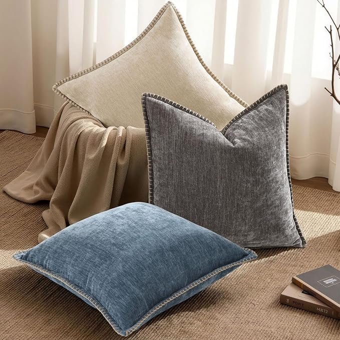 decorUhome Soft Chenille Throw Pillow Covers 18x18 Set of 2 Dark Grey | Fall Textured Decorative Throw Pillow Cases Stitched Edge Modern Farmhouse Luxury Boho Velvet for Couch Sofa Bed Home Decor
